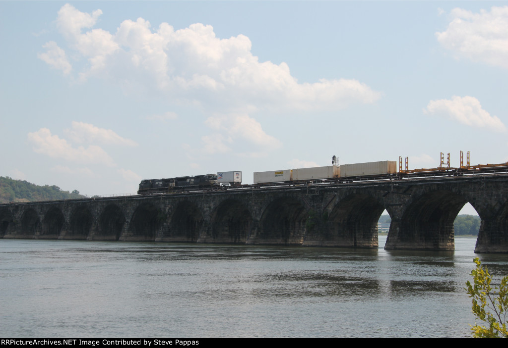 NS units taking an Eastbound container train over Rockville bridge